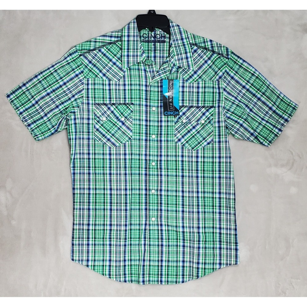 Cinch Modern Fit Pearl Snap Shirt Mens MED Short Sleeve‎ Blue & Green Plaid NWT